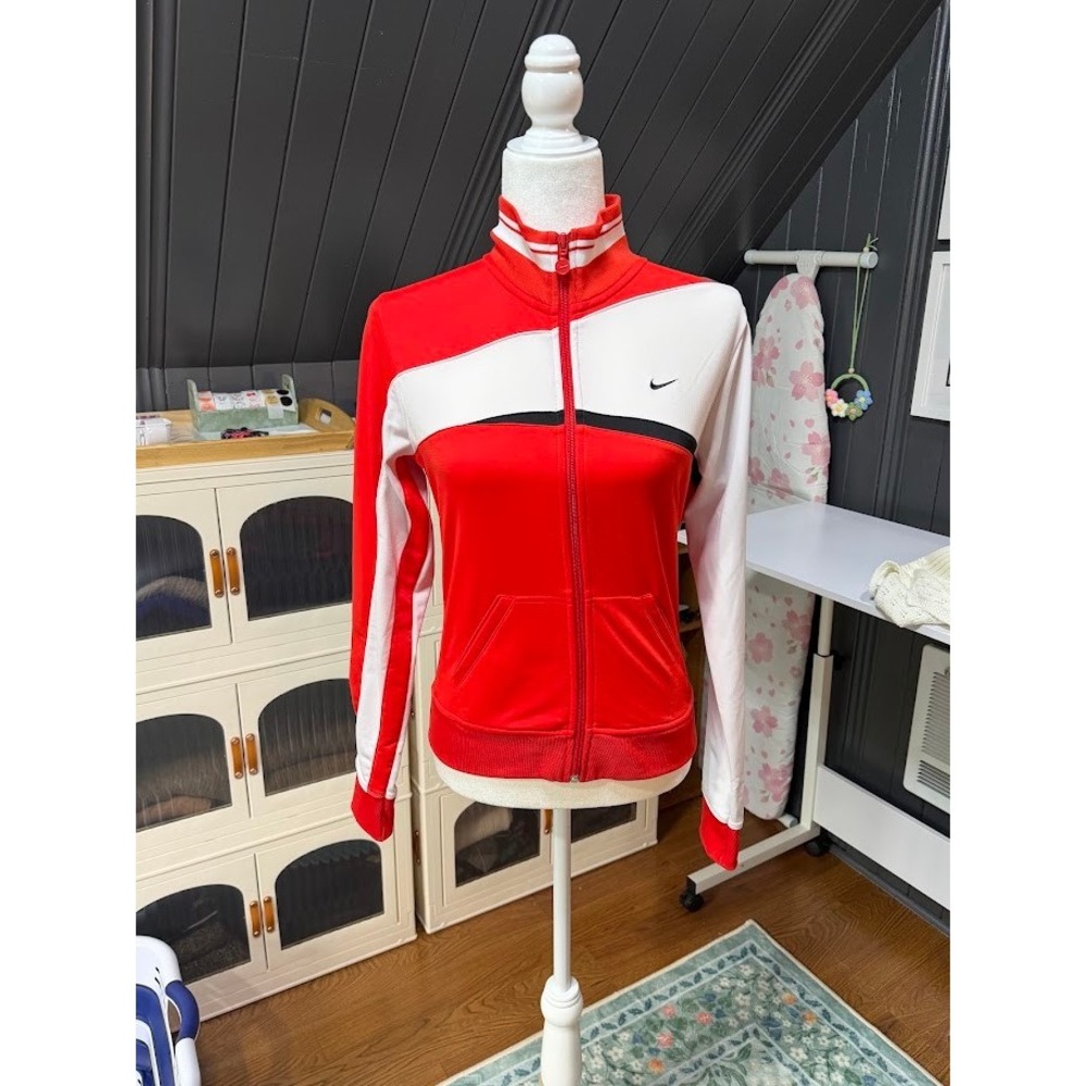 Nike Womens Track Jacket Red White Colorblock Full Zip Swoosh Logo Size M 8-10